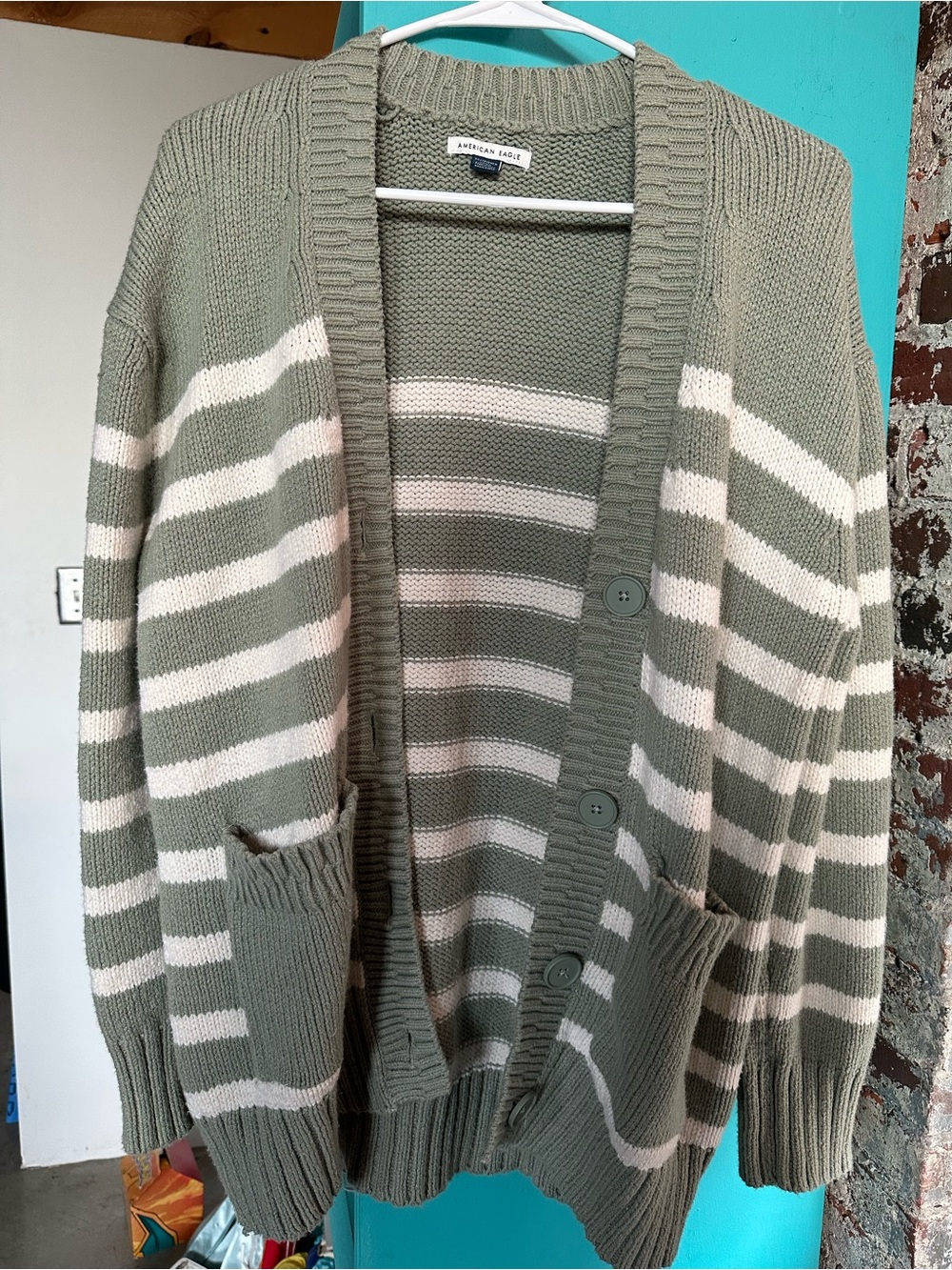 American Eagle Green and Off-White Striped Cardigan